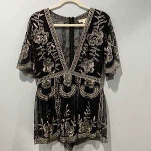 Honey Punch Black & Silver Lace Romper